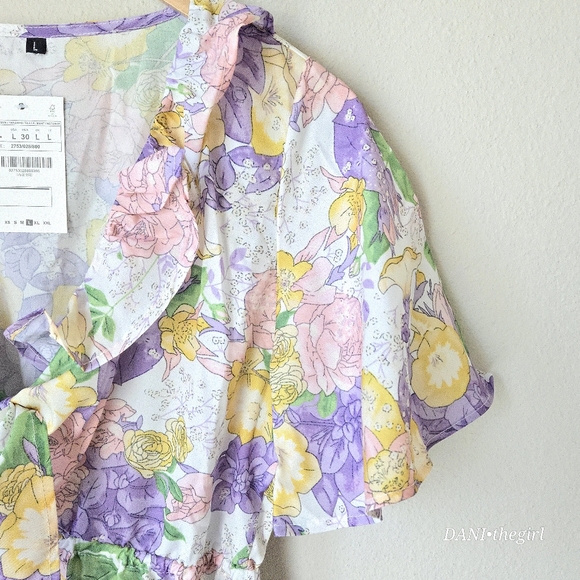 Floral Plunge Neck Tie Front Flutter Sleeve Ruffle Trim Dress - Picture 9 of 14